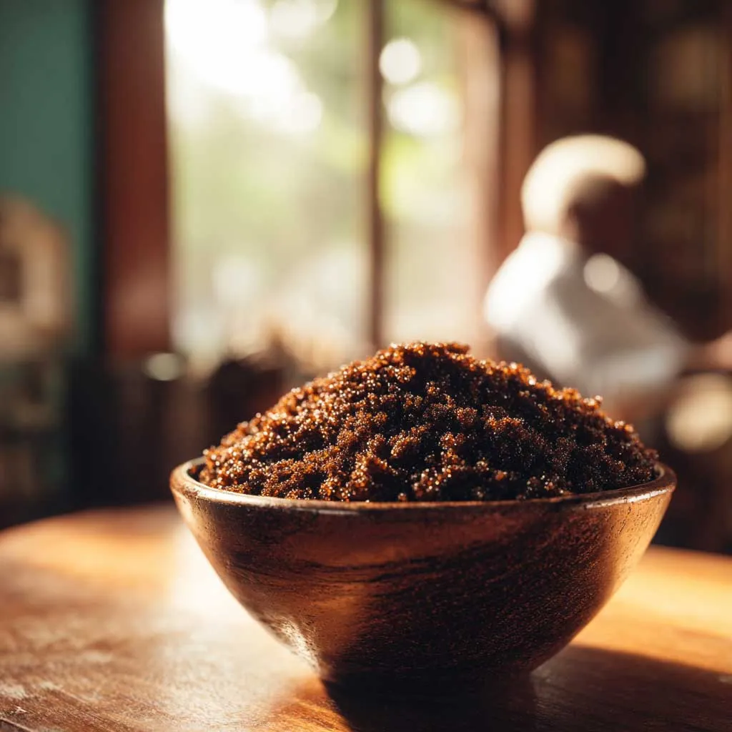 کاسه چوبی شکر قهوه ای تیره